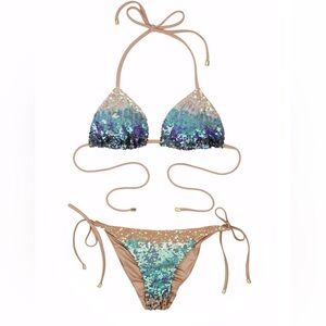 Beach Bunny 'Ariel' Tie Side Blue Ombre Sequin Mermaid Bikini Size M